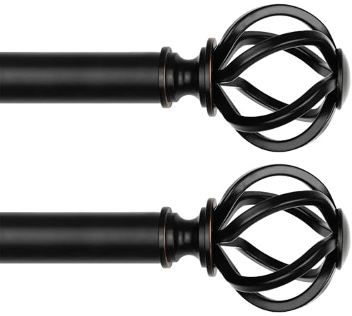 USFOOK 2 Stück Gardinenstange Schwarz 80 bis 148 cm, Vorhangstange Metall | 22 mm Gardinenstangen Metall verstellbar, Vorhangstangen für Wandmontage, mit floralen Endstück, für Wohnzimmer Schlafzimmer