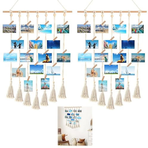 Foto Hängendes Makramee, 2 Stück Hängender Fotowand mit 30 Holzklammern in Primärfarben, Boho Deko, Wandbehang Fotowand, Bilderrahmen Collage für Wohnkultur, Schlafzimmer, Hochzeitsfeier， Fotoseil