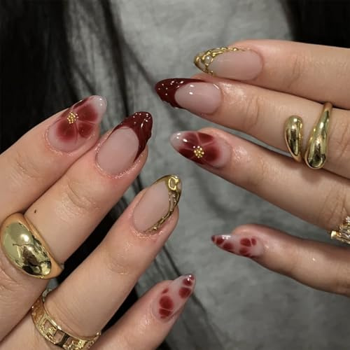 LunarCharm 24 pièces de faux ongles French rouge, faux ongles courts en amande avec design perlé en bandes dorées 3D et fleurs, pointes d'ongles acryliques à coller