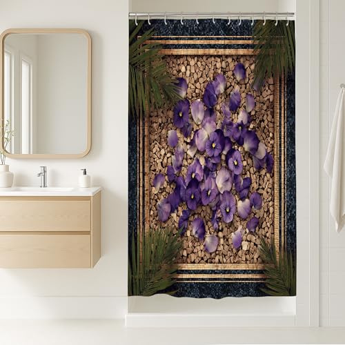 Violet Floral Shower Curtain, Elegant Violet Pansy Bathroom Decor for Spring, Modern Bohemian Style Waterproof Fabric Curtain with Hooks 36x72 Inch