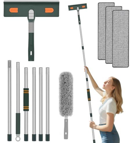 Pulitore per finestre con estrattore, 250 cm, con manico telescopico, testa e asta telescopica, tergicristallo professionale telescopico con raschietto in silicone e panno in microfibra per parete di