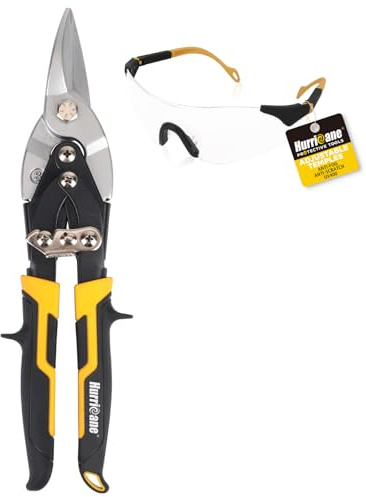 HURRICANE 10 Inch Cr-Mo Aviation Tin Snips for Cutting Metal Sheet with Adjustable Safety Glasses Yellow & Black