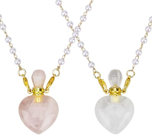 OLYCRAFT 2pz 2 colori Bottiglia di Profumo Collana Cuore Pietra Fiala Collana A Forma di Cuore Quarzo Rosa con Catena di Perle di Imitazione di Plastica per Le Donne Gioielli Accessori Decorativi