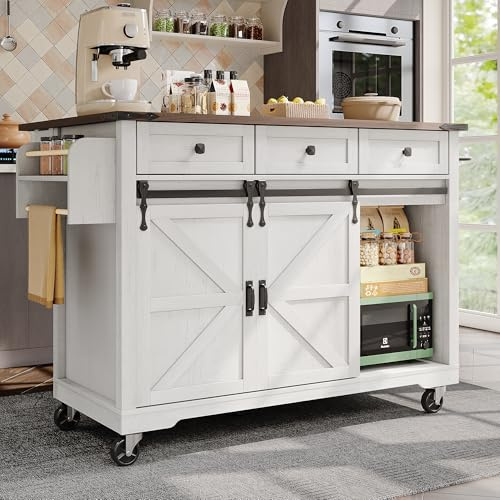 Merax Kitchen Island on wheels,Kitchen Storage Cabinet Trolley with Drop-Leaf Worktop,2 Sliding Doors&3 Drawers,Spice Rack,Towel Rack,for Home Dining Room, 140x45-73x94cm/White