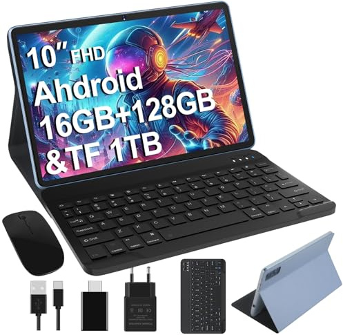Dghrti Tablet 10 Pulgadas Android 16GB RAM+128GB ROM (1TB TF) Memoria Flash UFS, 8-Cores 2.0GHz, WiFi 5G, Bluetooth 5.0, Google GMS, 13MP+5MP, Batería 8000mAh, con Funda, Teclado y Ratón, Azul
