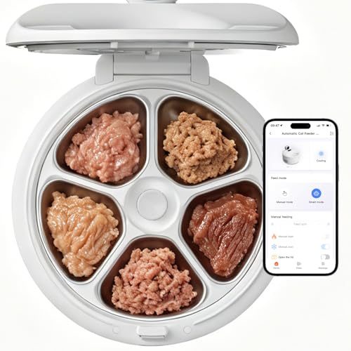 Automatic Cat Feeder Wet Food for 5 Meals with Camera, Semiconductor Cooling & Pre-Heating Pet Food Dispenser with Night Vision, App-Control & Meal Call, Stainless Steel Tray（White）