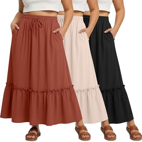 Locoowai 3 Pack Plus Size Maxi Skirts for Curvy Women Ankle Length Pockets Tiered Ruffle Hem Flowy Pleated Summer Long Skirts(Pumpkin, Apricot, Black,3X-Large)