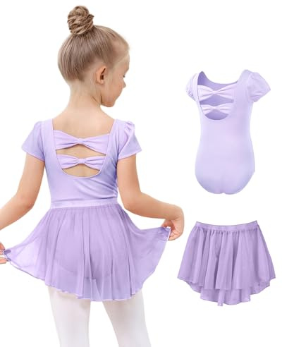 JiAmy Vêtements de ballet pour fille - Justaucorps de ballet en coton à manches courtes - Justaucorps de danse + jupe enveloppante en mousseline de soie - Tutu - Robe de danse 2 pièces pour enfants de