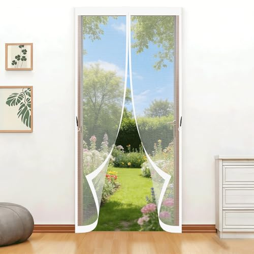 Fly Screens Doors 90 x 190 cm with Stay Open Buckles Magnetic Top-to-Bottom Seal Snaps Shuts Magnetic Fly Screen Door Curtain for Balcony, Patio, French, Sliding Doors, White
