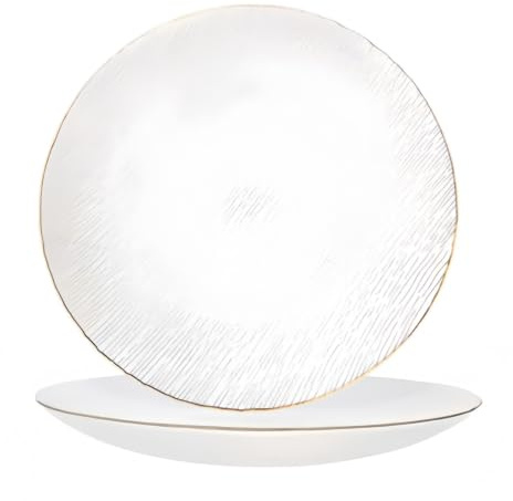 12inch Gold Rim Textured Glass Charger Plates, Large Clear Wave Glass Dinner Plates, Round Transparent Serving Platter for Wedding, Party, Steak, Fruit, Dessert, Home Table Decor