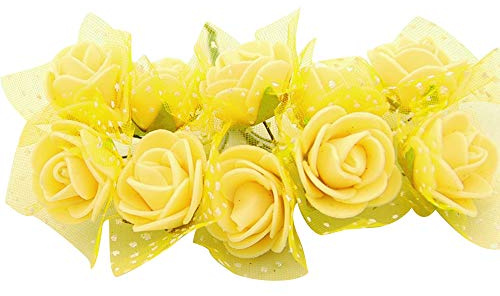 C.X.Y. 100x Fiorellini Rose finti, rose artificiale,Foam PE Con Organza Neve Bomboniera Fai Da te decorazione (GIALLO)