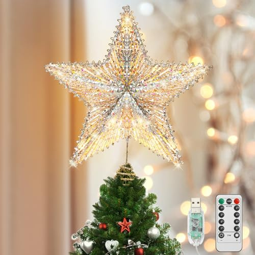 Luxspire Étoile Sapin de Noel, Décoration Noël Arbre Lumineuse Pointe de Sapin de Noël, Lumière Décorative de Noel Colorée avec Guirlande Lumineuse Base en Spirale pour Intérieur Maison, Or Champagne
