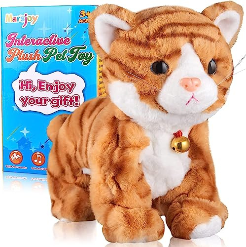 Marsjoy Pattern Yellow Plush Cat Stuffed Animal Interactive Cat Robot Toy, Barking Meow Kitten Touch Control, Electronic Cat Pet, Cat Kitty Toy, Animated Toy for Girl Kid L:12 H:8 W:5