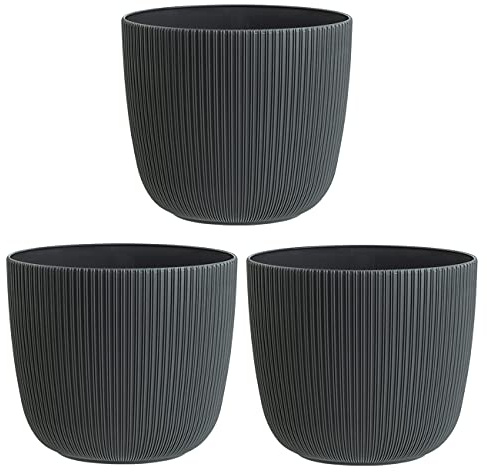 Engelland - 3 x Blumentopf mit Drainagesystem, Anthrazit-Grau, Rillenoptik, Pflanz-Topf, Kübel, modern, widerstandsfähig, rund, wetterfest, Kunststoff, Ø 21 cm, 5 Liter