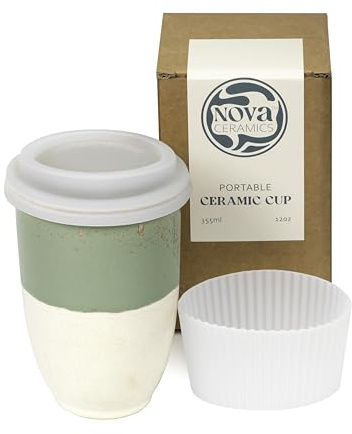 NOVA CERAMICS Mikrowellengeeigneter Kaffeebecher mit Deckel, Keramik To Go Kaffeetasse, mikrowellengeeignet, Reisebecher, einzigartiger To Go Becher, spülmaschinenfest, 340 ml, grün und beige, salbei