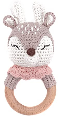Baby Greifling Rassel Beißring,Tier Gehäkelte Babyrassel Häkeln Holz Greifling Baby Rassel Fuchs Tiger Löwe Hase Baby Montessori Babyspielzeug für Neugeborenes Baby Junge Mädchen Geschenk zur Geburt