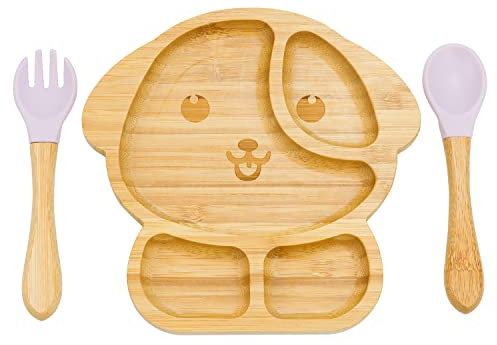 Baby Teller,Feelhap Babyteller mit Saugnpaf,Hochwertiger Kinderteller mit Löffel+Gabel,Rutschfest Baby- und Kleinkind-Fütterungsplatte für Baby-geführte Entwöhnung(Welpe-Rosa)