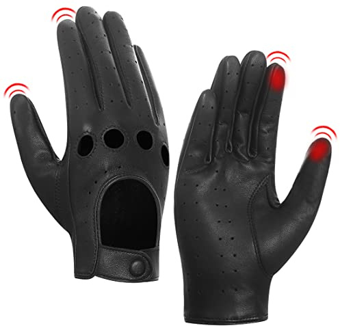 Harssidanzar Gants de conduite en cuir d'été pour femmes Gants de conduite à écran tactile en peau d'agneau GL009EUA,Noir,Taille S