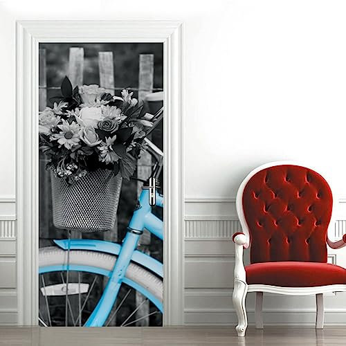 A.Monamour Türtapete Selbstklebend Türfolie Türposter 3D Schwarze Und Weiße Blumen In Einem Fahrradkorb Vinyl Folie Türdeko Tapete Wandbild Türaufkleber Türtattoo 90x200cm