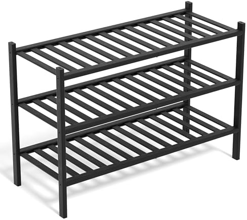 Bambu Skohylla 3 Nivåer – Platsbesparande Smal Skoförvaring Hall Garderob 68x28x46 cm – Litet Skoställ Stackbar Organizer – Utbyggbar Skohylla Sovrum (Svart)
