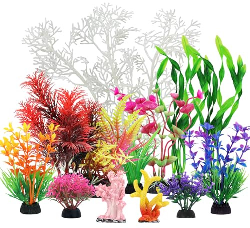 QUOZUO Aquarium Decorations Plants with Resin Coral, 12 pcs Fish Tank Accessories, Fish Tank Decorations Small Plants Plastic, Aquarium Decor Artificial Plant