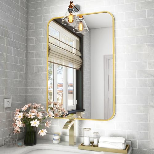 Koonmi Badspiegel mit runden Ecken 51 x 71 cm, Alurahmen, Gold | Moderner Wandspiegel, horizontal oder vertikal montierbar für Badezimmer, Schlafzimmer, Wohnzimmer und Flur
