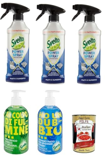 Paquete de prueba Svelto para vajilla y placas de cocina, 3 x Svelto Power Spray Universal 435 ml, 1 x Svelto MINT & BERGAMOT, 1 x Svelto Green Lemon, Detergente para lavavajillas + Polpa Italian