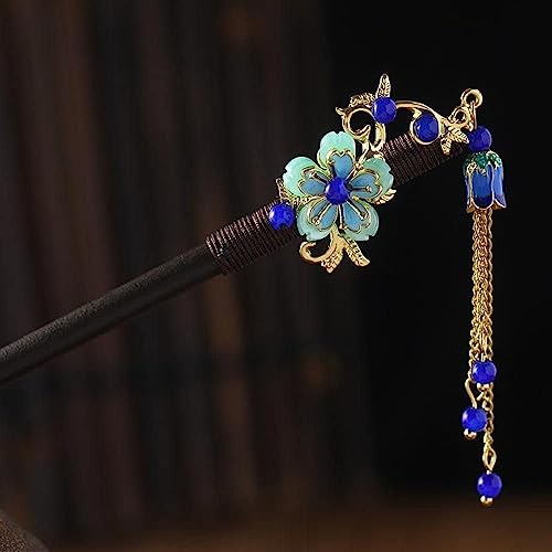 Rosojodg Blaue chinesische japanische Haarnadel, Retro-Holz-Haarnadel, Blumen-Haarstäbchen, Vintage-Quasten-Haarstab, Hochzeitsparty-Haarnadeln, Hanfu-Haarnadeln, Haarstylingnadeln, Haarschmuck