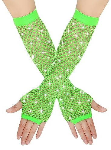 Lang Fischnetz Handschuhe Damen,Strass Mode Fingerlose Netzhandschuhe Glänzende Modische Opernhandschuhe Abendhandschuhe für 80er Jahre Verkleidung Kostüm Party Lieferungen Halloween Cosplay Zubehör