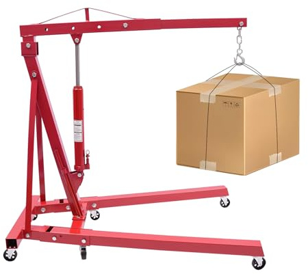 Hydraulic Engine Hoist, 1 Ton Folding Engine Lift with 6 Wheels, Cherry Picker Hydraulic Shop Engine Crane for Garage, Workshop 2200 LBS Lifting Capacity (Red)