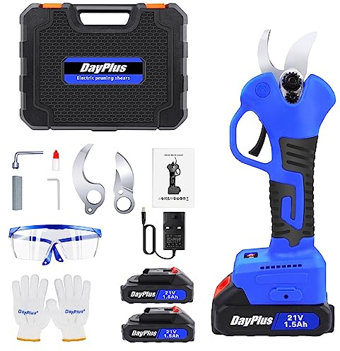 DayPlus Professionelle Elektrische Gartenschere, Modern, 21V Akku, 2 x 1.5Ah, 25mm, Elektrische Astschere, Blau, Kohlenstoffstahl