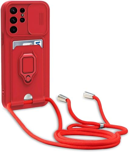 Esakycn Coque de protection avec chaîne pour Samsung Galaxy S24+ / S25 Plus 5G, Housse en silicone rouge avec protection d'appareil photo coulissante, porte-cartes, support magnétique pour téléphone