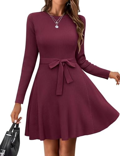Hotouch Abito in Maglia Donna Invernale Maniche Lunghe Girocollo Abito Midi Elegante Abito Invernale con Cintura Linea ad A Abito Maglione per Autunno e Inverno Bordeaux S