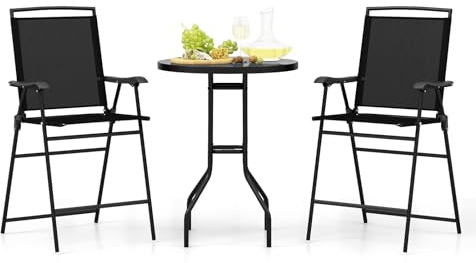 COSTWAY Bistrotisch mit 2 klappbaren Stühlen & Schirmloch, 3-TLG. Outdoor Barhocker Set, Balkonmöbel, Balkonset, Gartenmöbel Set, Sitzgruppe, Gartengarnitur für Garten, Balkon, Poolbereich, Schwarz