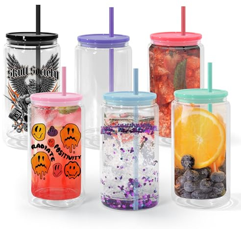 AGH life 6 Stück Sublimation Glasbecher Blanko, 473 ML Schneekugelbecher Transparente Doppelwandige Dosen mit 6 Farbe Kunststoff Deckel, Kaffeetasse Trinkbecher für Kaffee, Milch, Soda