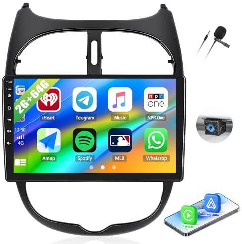 2G+64G CAMECHO Android 13 autorradio para Peugeot 206/206CC 2001-2016 Cirteon C2 con Carplay Android Auto, 9 Pulgadas estéreo de Coche con Bluetooth GPS WiFi FM/RDS Radio Mirror Link SWC Cámara