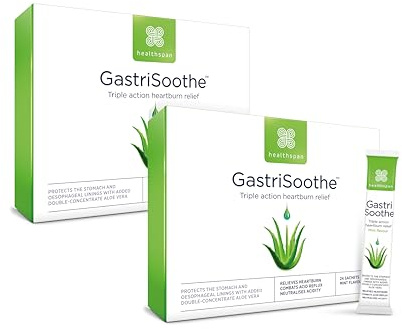 Healthspan Gastrisoothe for Heartburn (48 Sachets) | Triple-Action Formula Soothes Stomach Lining, Fights Acid Reflux & Neutralises Acidity | Aloe Vera | Mint Flavour | Vegetarian