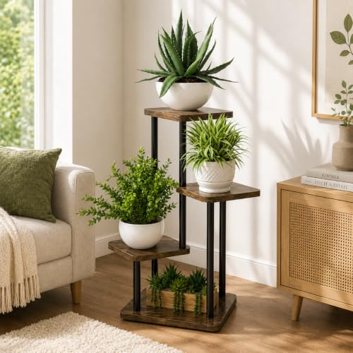 Soporte para plantas de interior, estante de esquina de metal alto para múltiples plantas, estante adecuado para jardín, balcón, sala de estar, dormitorio (4 niveles, nogal y negro)