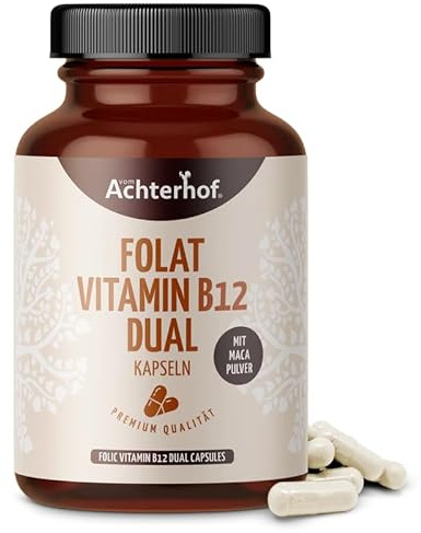 Folat Vitamin B12 Dual Kapseln (120 Kapseln) | 400 μg Folsäure und 25 μg Vitamin B12 pro Tagesdosis | während Kinderwunsch, Schwangerschaft und Stillzeit | mit Maca Pulver | Achterhof