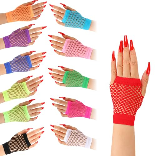 Solbrezeni Short Fingerless Fishnet Gloves, 12 Pairs Neon Party Gloves 80s Retro Fancy Dress Accessory for Kids Girls Dance Disco Costume Parties Supplies Accessories