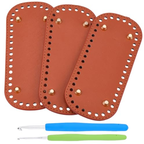 CALFOVERA 3 Base per Borsa in Pelle PU per Uncinetto con Rivetti, Forma per Borsa, Cuscino Ovale per Maglieria con 2 uncinetti in Alluminio per Borse Fai da Te, Borse A Tracolla, Borsetta (Marrone)