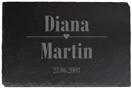 Herz & Heim® Personalisierte Schieferplatte – Servierplatte 30×20 cm mit Gravur – individuell gestaltbar – Dekoplatte aus Naturschiefer als Geschenk für Hochzeit, Geburtstag, Party (Herz)