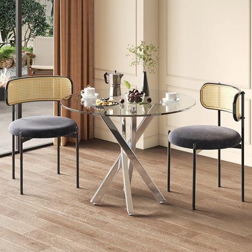 Mesa de comedor y 2 sillas, mesa redonda de cristal de 80 cm, mesa de cocina, tapa de cristal templado, sillas de comedor, marco de metal, para comedor, salón, balcón o tienda comercial