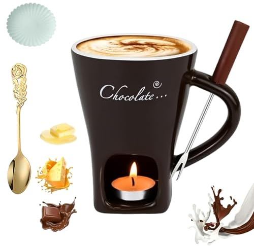 Gienslru Chocolate Fondue Mug Set, Ceramic Chocolate Fondue Coffee Cup with Forks, Mini Simmer Mug for Cheese, Tea Light Heating Butter Warmer, for Cheese Chocolates Butter (Brown,with Candle)
