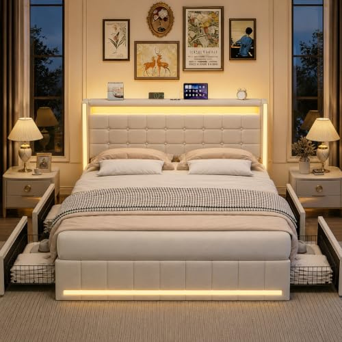 BRILVERDE Polsterbett 180x200 mit Stauraum, Doppelbett mit USB und LED, Jugendbett mit 4 Schubladen, Funktionsbett, Bettgestell mit Lattenrost und Kopfteil, Linen (Beige, 180 x 200 cm)