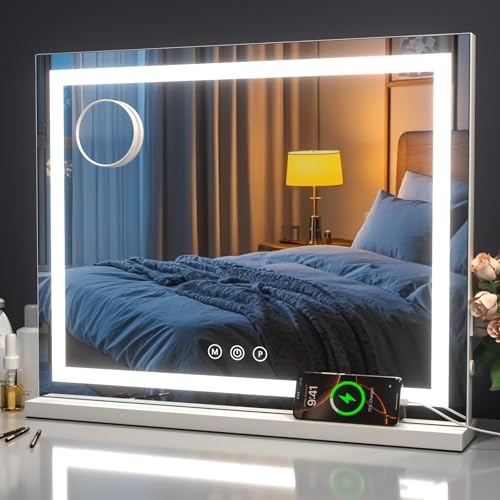Oule GmbH Schminkspiegel mit Beleuchtung 58x46cm, LED Kosmetikspiegel mit 3 Lichtmodi, Dimmbar, 10X Vergrößerung & USB-Anschluss, ideal für Schlafzimmer & Schminktisc