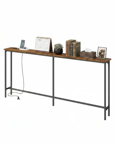 Amveya Consola Recibidor Madera 20 cm Fondo, Recibidores de Entrada, Mueble Recibidor Entrada, Mesa Alta de Estilo Industrial con 2 enchufes y 2 interfaces USB