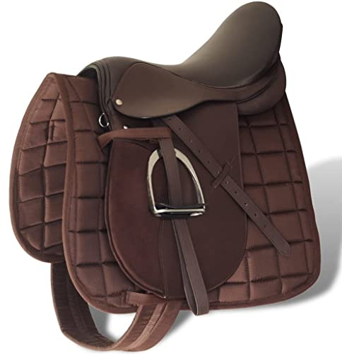 LoogCape Horse Riding Saddle Set 17.5 Inch Genuine Leather Brown 125 cm Strap 5-in-1 Versatile Riding Accessories for Dressage, Jumping, Leisure, Pony, Outdoor, Ergonomic, Non-Slip