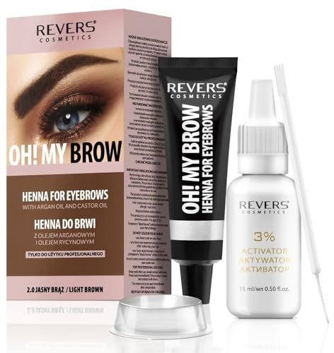REVERS COSMETICS Tinta Sopracciglia Castano Chiaro, Formula con Olio di Argan e Olio di RIcino (Omega 6, Carotene, Vitamins A, E, F,) Risultato Naturale, Dura Fino a 4 Settimane, 15+ Applicazioni