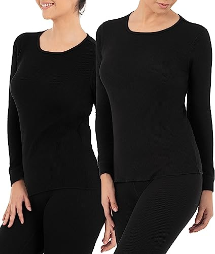 Fruit of The Loom Women's 2-Pack Micro Waffle Thermal Crew Top, Black/Black, X-Large